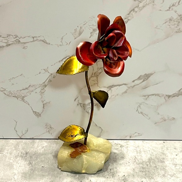 demott Other - VINTAGE Mid Century Modern Rose Flower Leaves Copper Metal Art on Onyx Demott